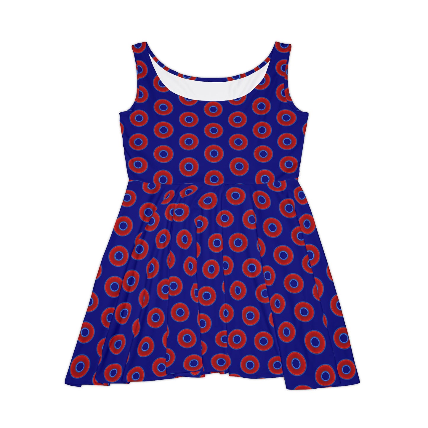 Women's Skater Donut Dress - vivid red donut print w/vivid navy blue background