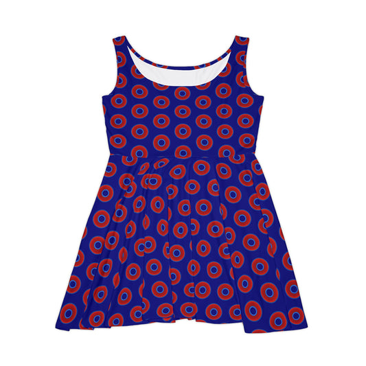 Women's Skater Donut Dress - vivid red donut print w/vivid navy blue background