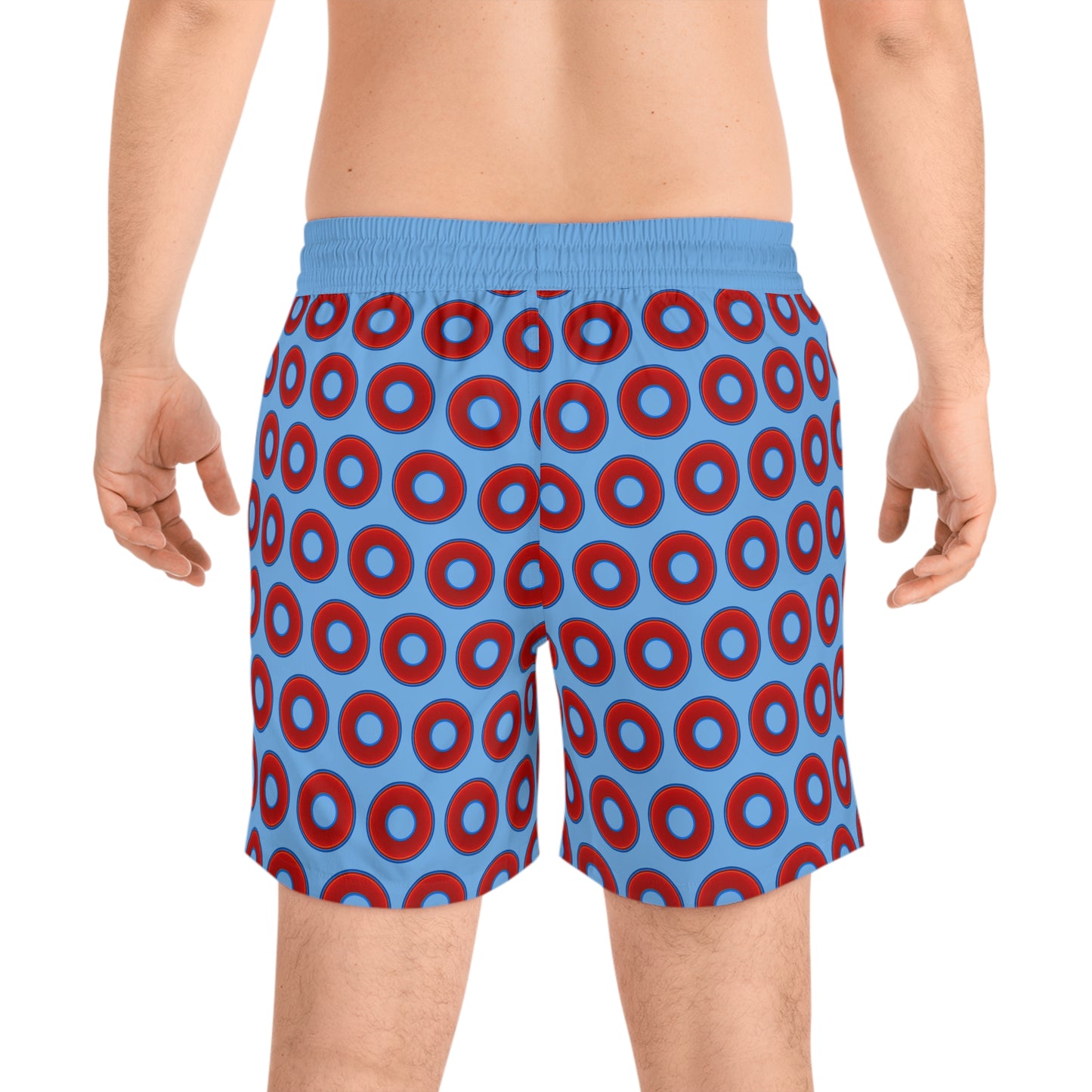 Men's Lumpy Swim Trunks - vivid red donut print w/light blue background