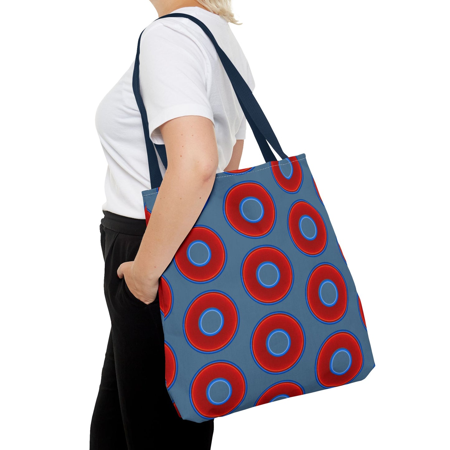 Lumpy Beach/Tote Bag - red vivid donuts w/steel blue background