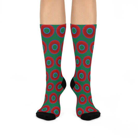 Lumpy Sox - cushioned crew - vivid red donut print w/green background