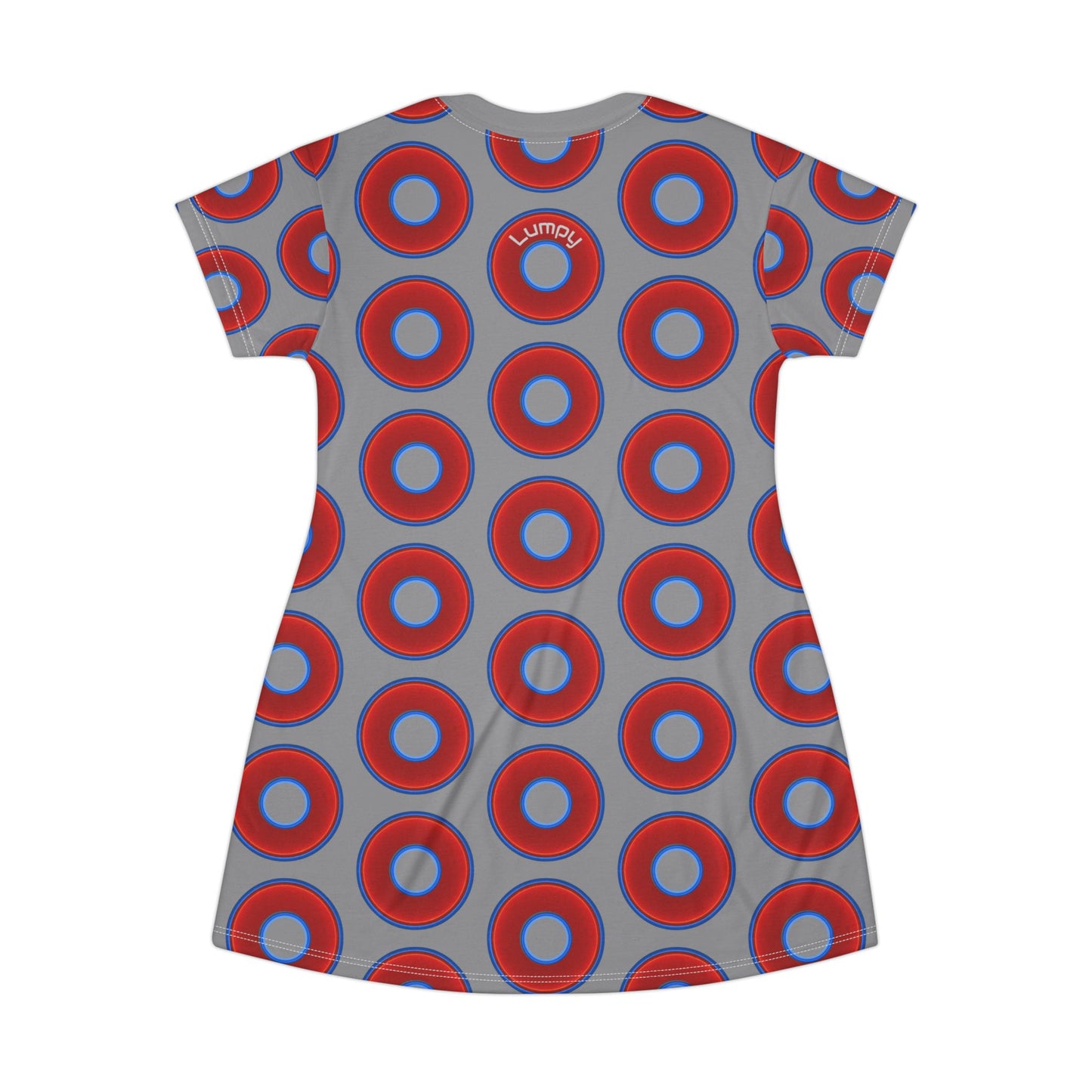 Not a Muumuu AOP Tee Shirt Dress - red vivid donuts w/light gray background