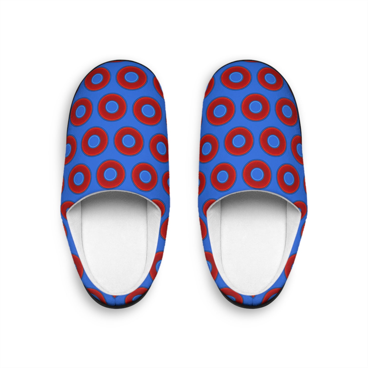 Women's Lumpy Slippers - red vivid donut print w/medium royal blue background