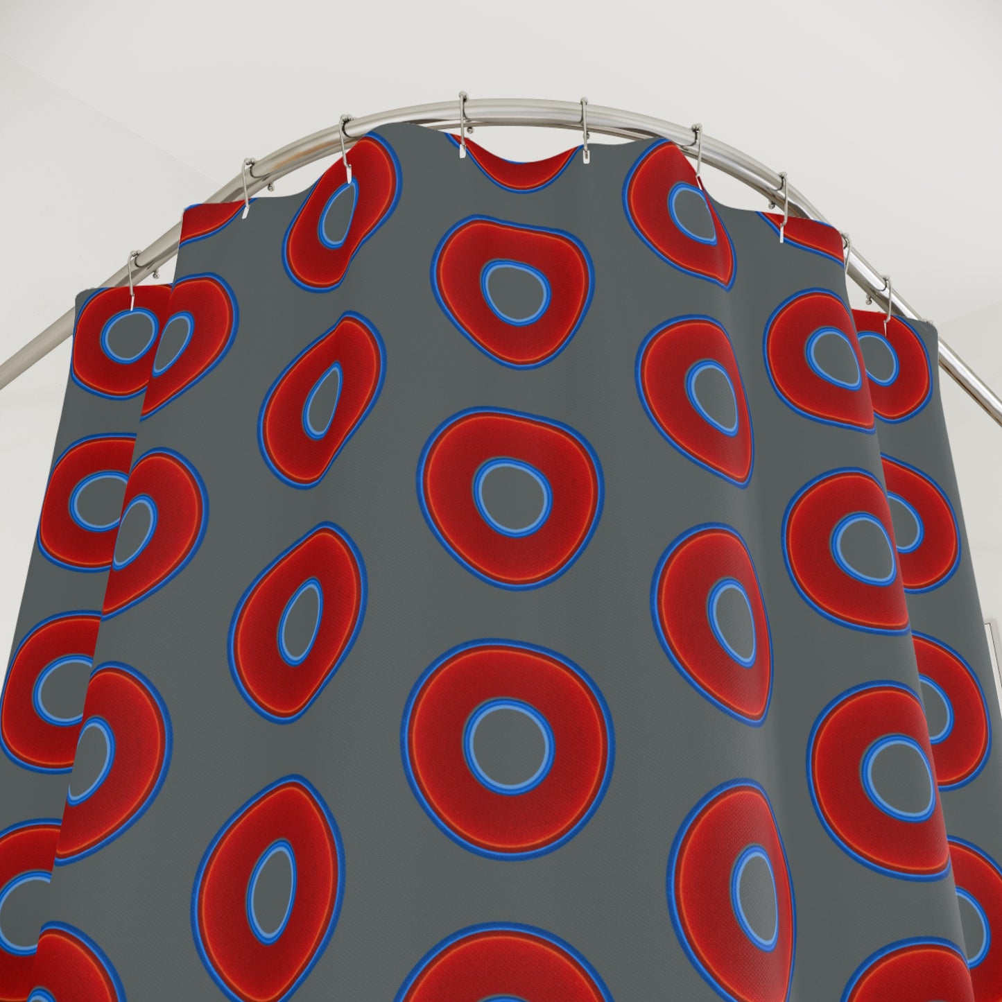 The Curtain With "Donuts" - Lumpy Bath Time Fun - vivid red donuts w/dark gray background