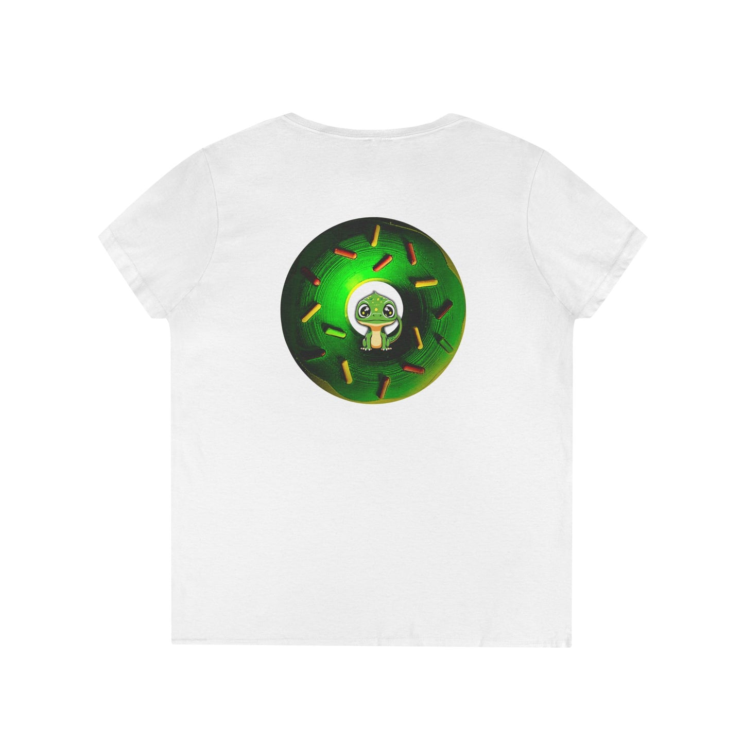 Women's Donut V-Neck Tee - "Little Baby Rutherford" - green cartoon donut w/sprinkles