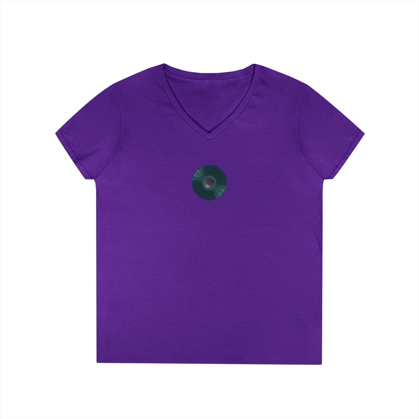 Women's Donut V-Neck Tee - "Speaker Donut" - vivid teal record donut w/