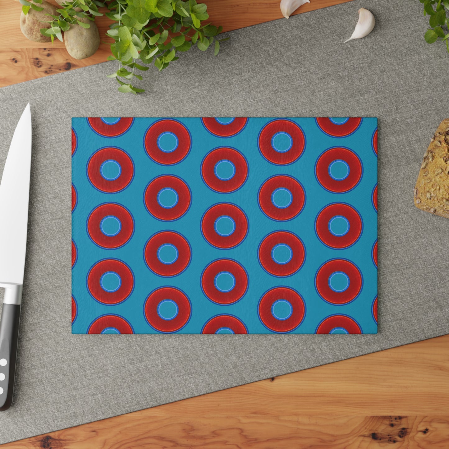 My Friend's Cutting Board - vivid red donuts w/aquamarine blue background