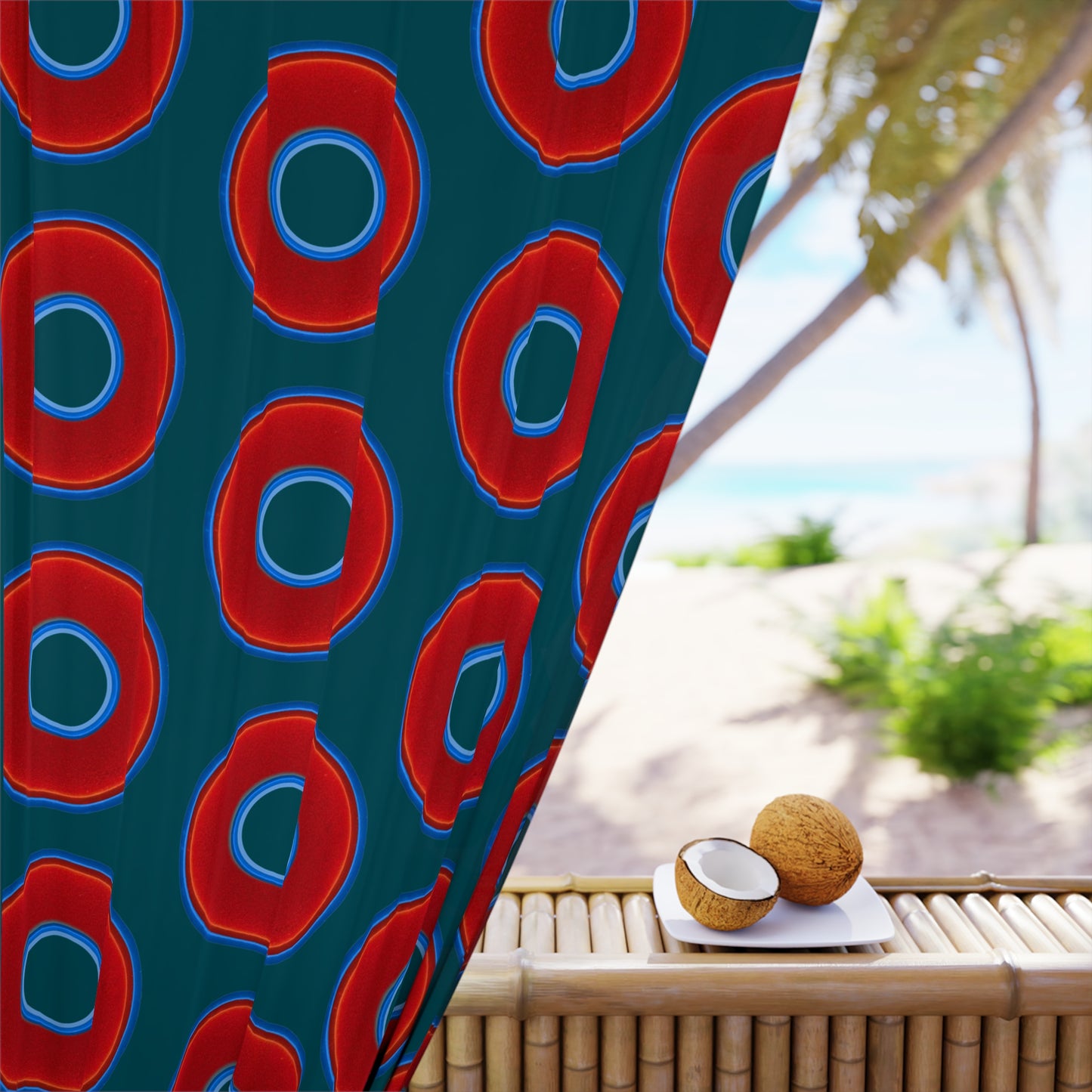 Lump's Heady Curtain w/Donuts - vivid red donut print - w/midnight teal green background - [*1 Piece / 50" x 84"]