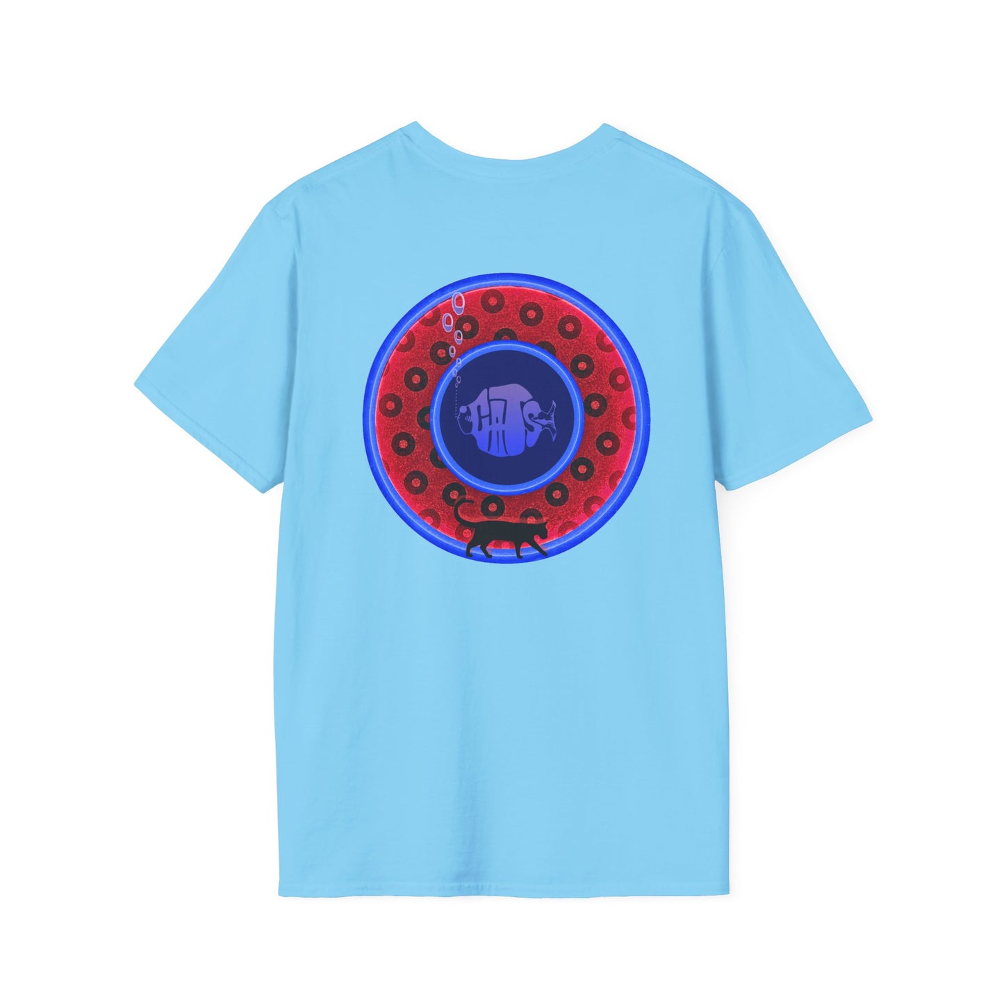 Classic Donut Tee - Unisex Soft-Style - "The Cat's Meow Donut' - red/blue paradox widemouthed donut