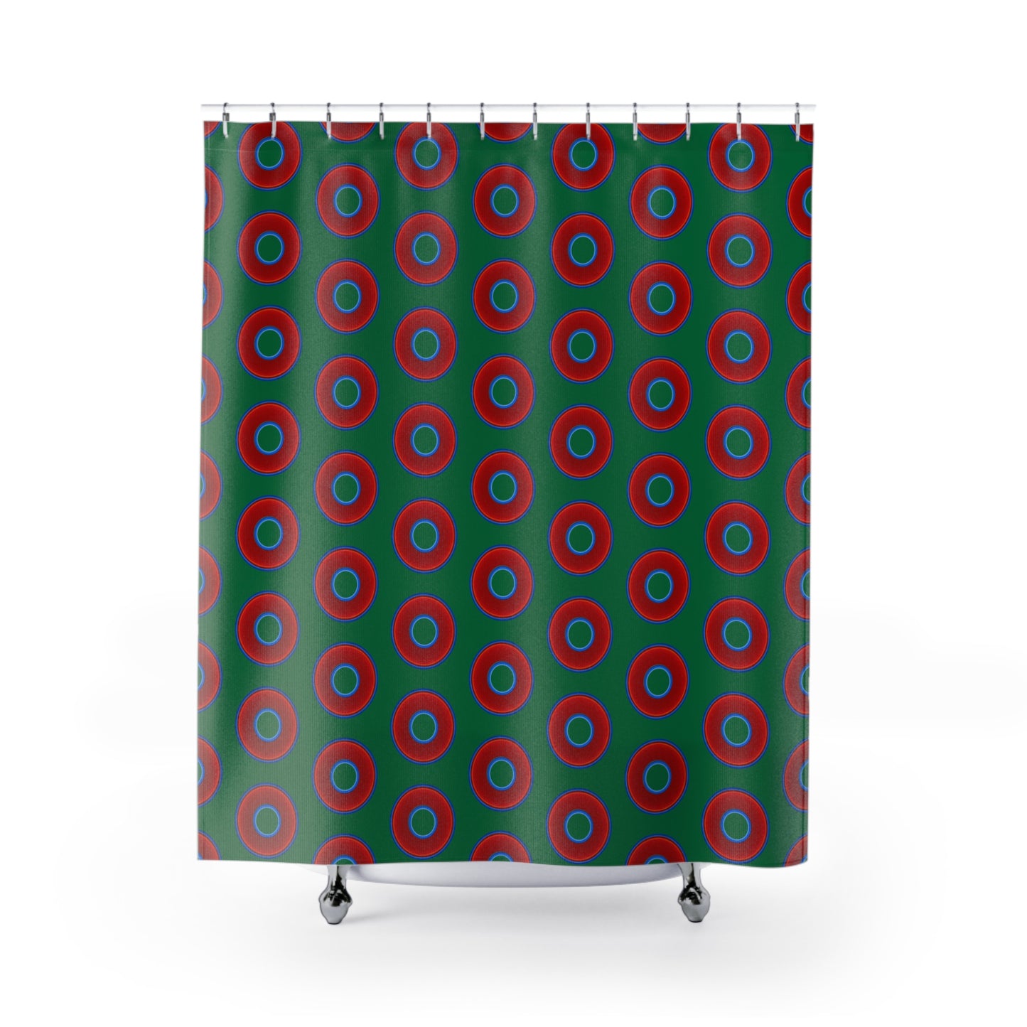 The Curtain With "Donuts" - Lumpy Bath Time Fun - vivid red donuts w/green background