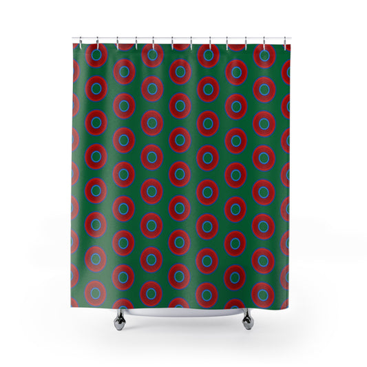 The Curtain With "Donuts" - Lumpy Bath Time Fun - vivid red donuts w/green background