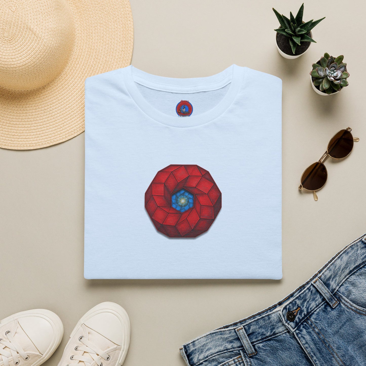 Classic Donut Tee - Unisex Soft-Style - "The 9th Donut" - rustic red/blue cubed donut - variant 1