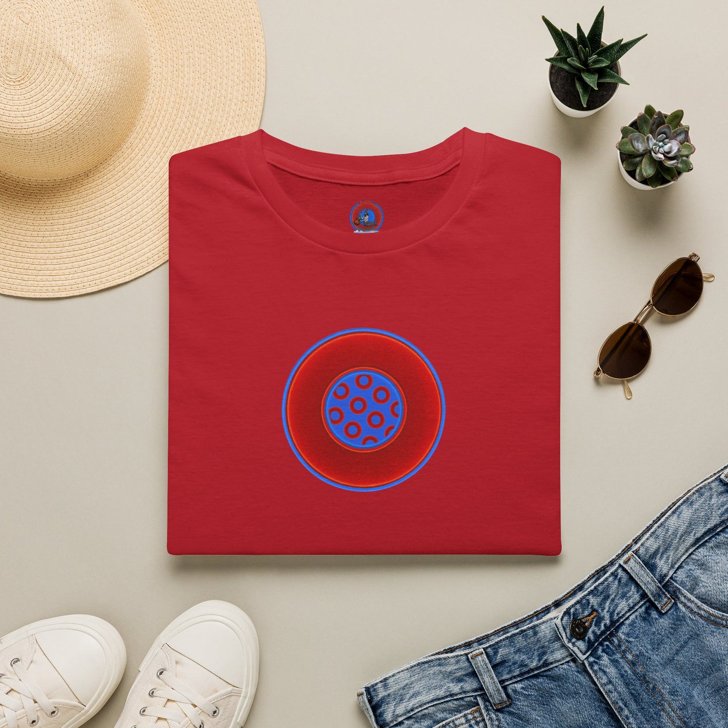 Classic Donut Tee - Unisex Soft-Style - "Portal Donut" - vivid red/blue donut  - w/royal blue - variant 1