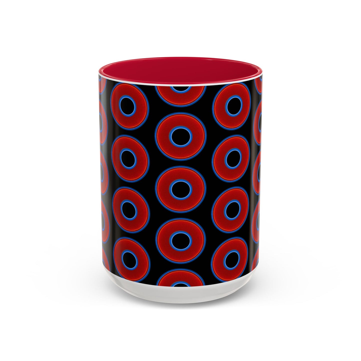 Lump's Grumpy Coffee Mug - vivid red donuts w/black background