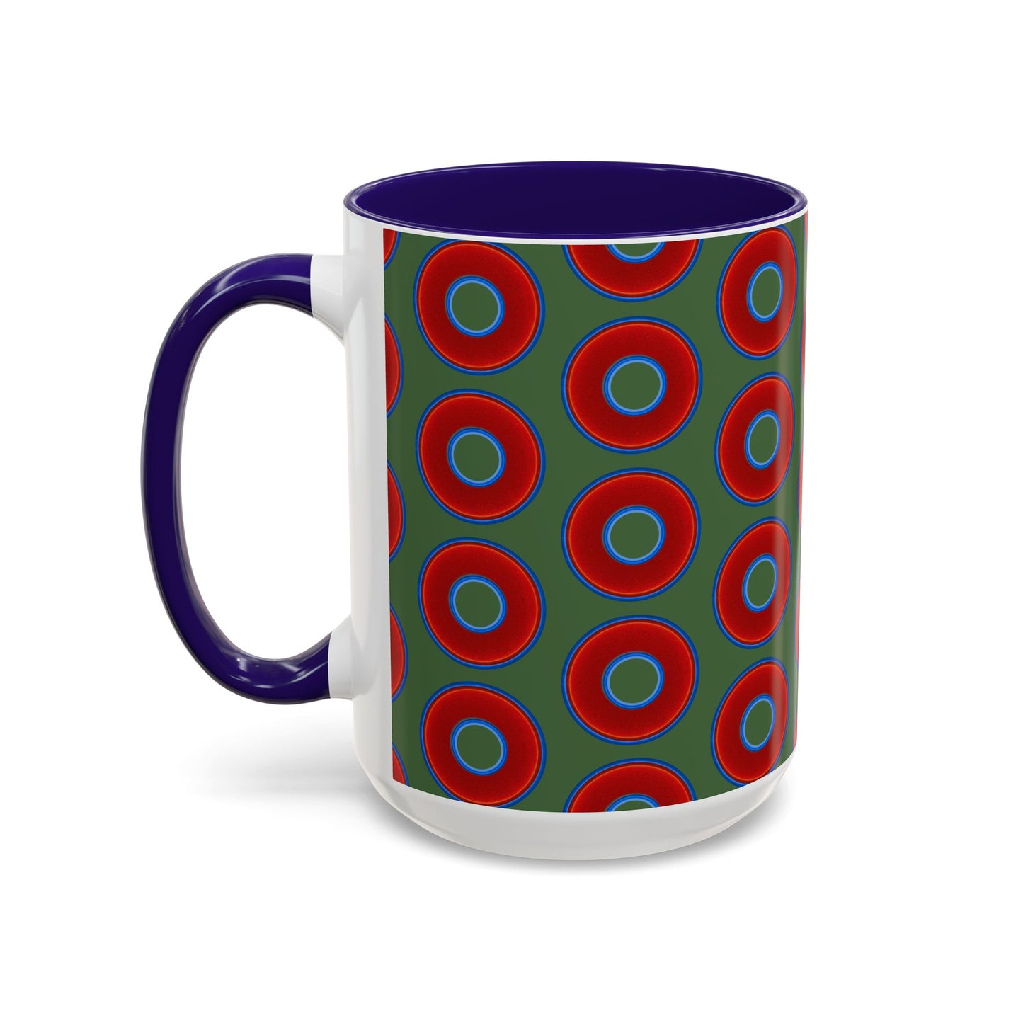 Lump's Grumpy Coffee Mug - vivid red donuts w/dark green background