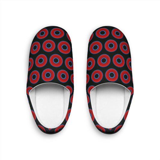Men's Lumpy Slippers - red vivid donut print w/midnight moss green background