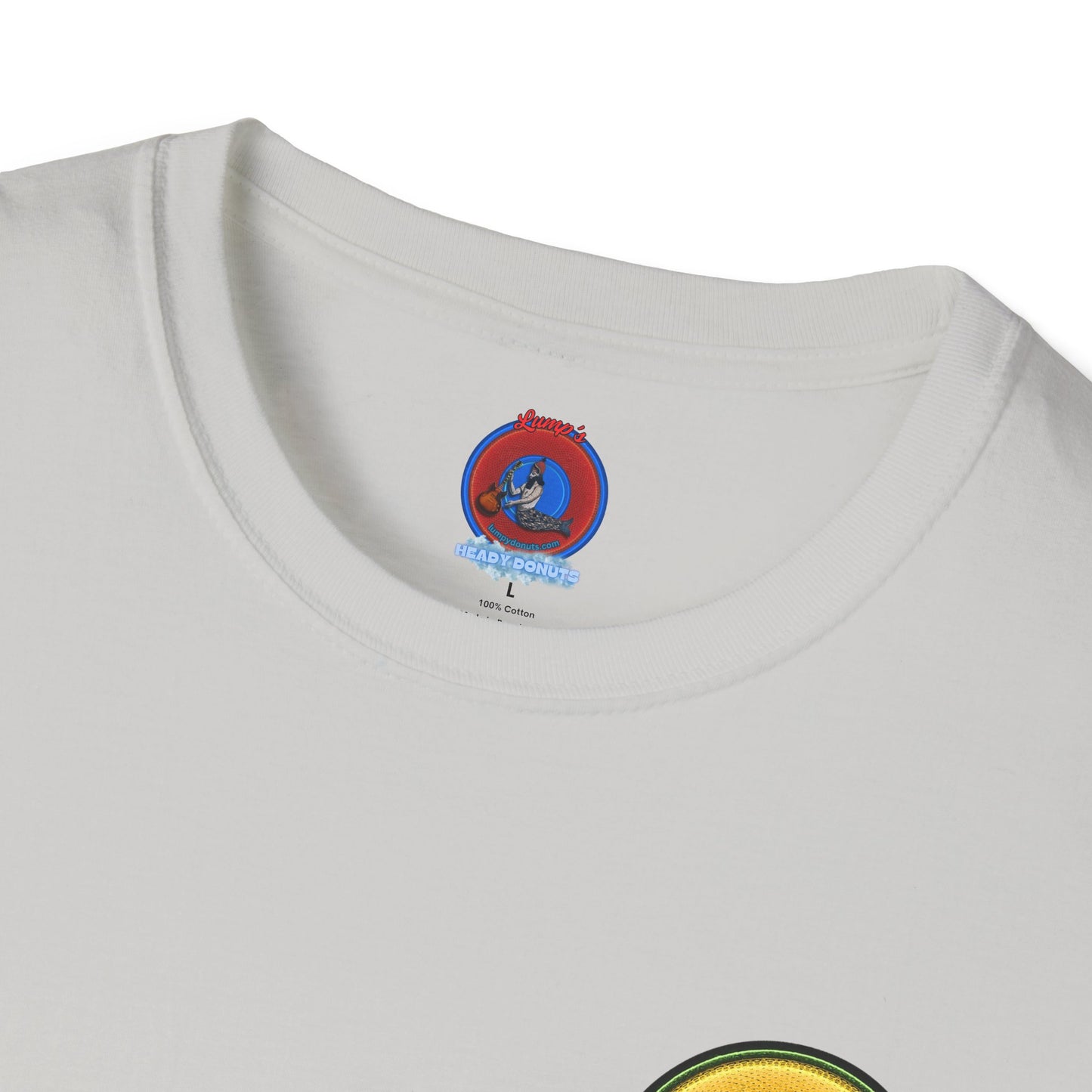 Classic Donut Tee - Unisex Soft-Style - "Limestone Donuts so Large" - variant 4 - golden donut w/garage