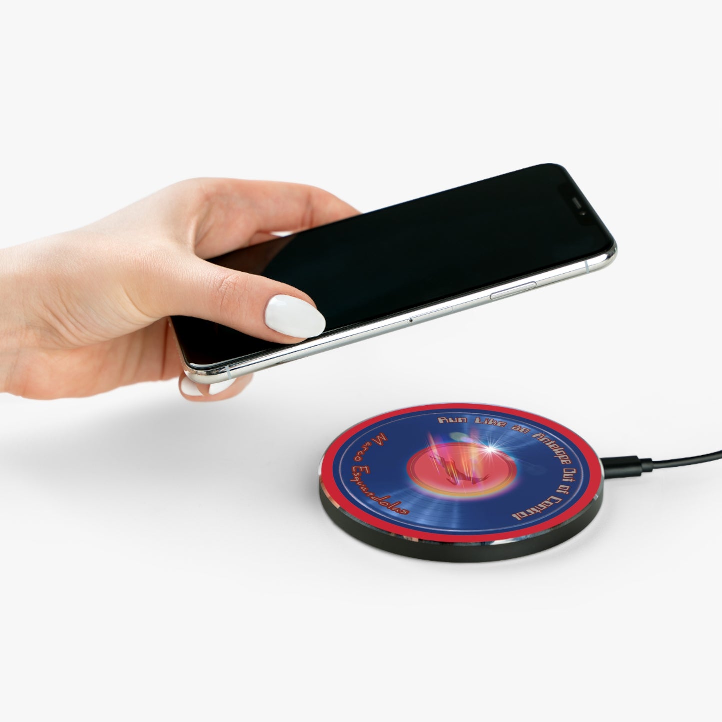The Flow - Wireless Lumpy Donut Chargers - "Marco's Preferred Donut Charger" - vivid blue donut w/red background