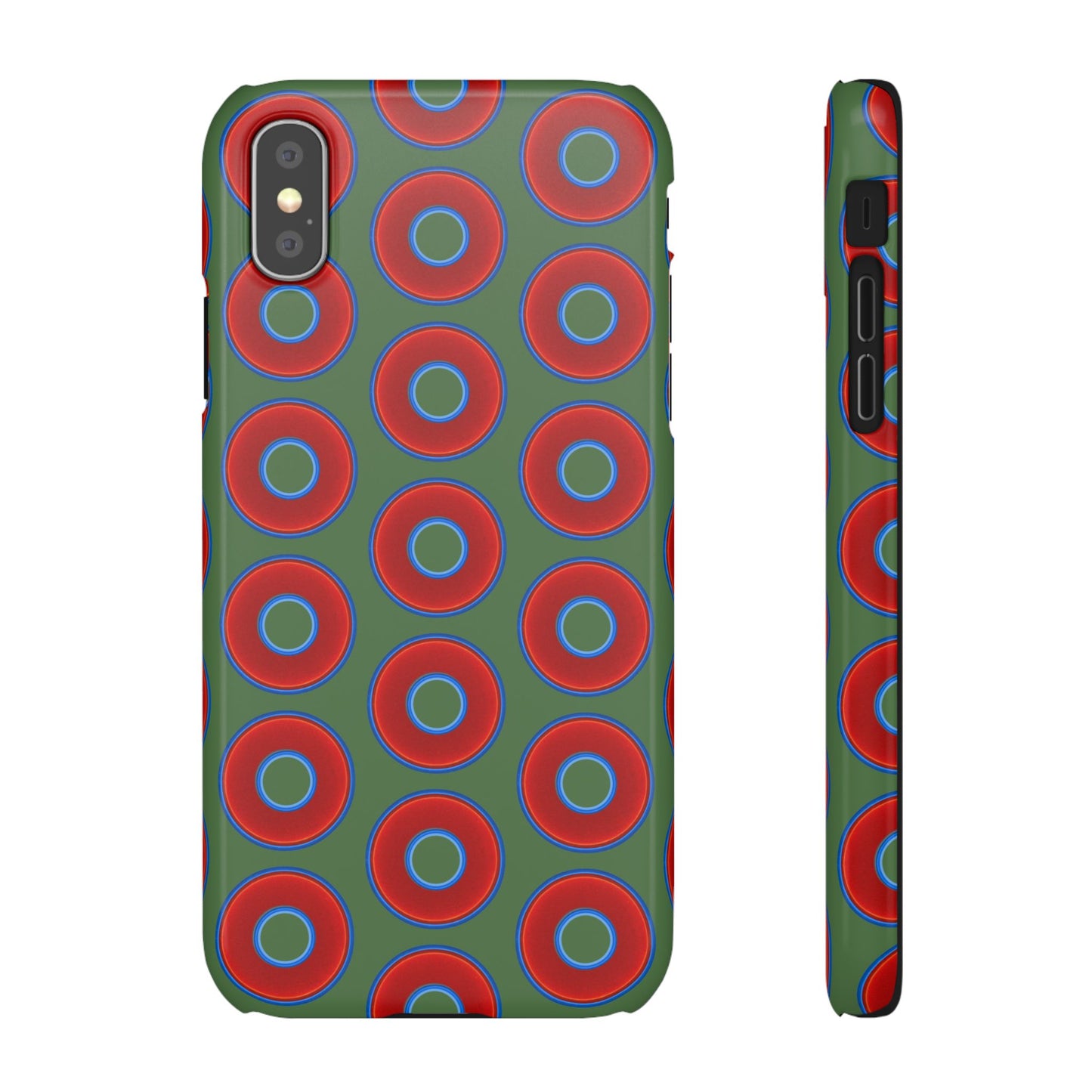 Lumpy Donut Snap Case - red vivid donut print w/dark green background