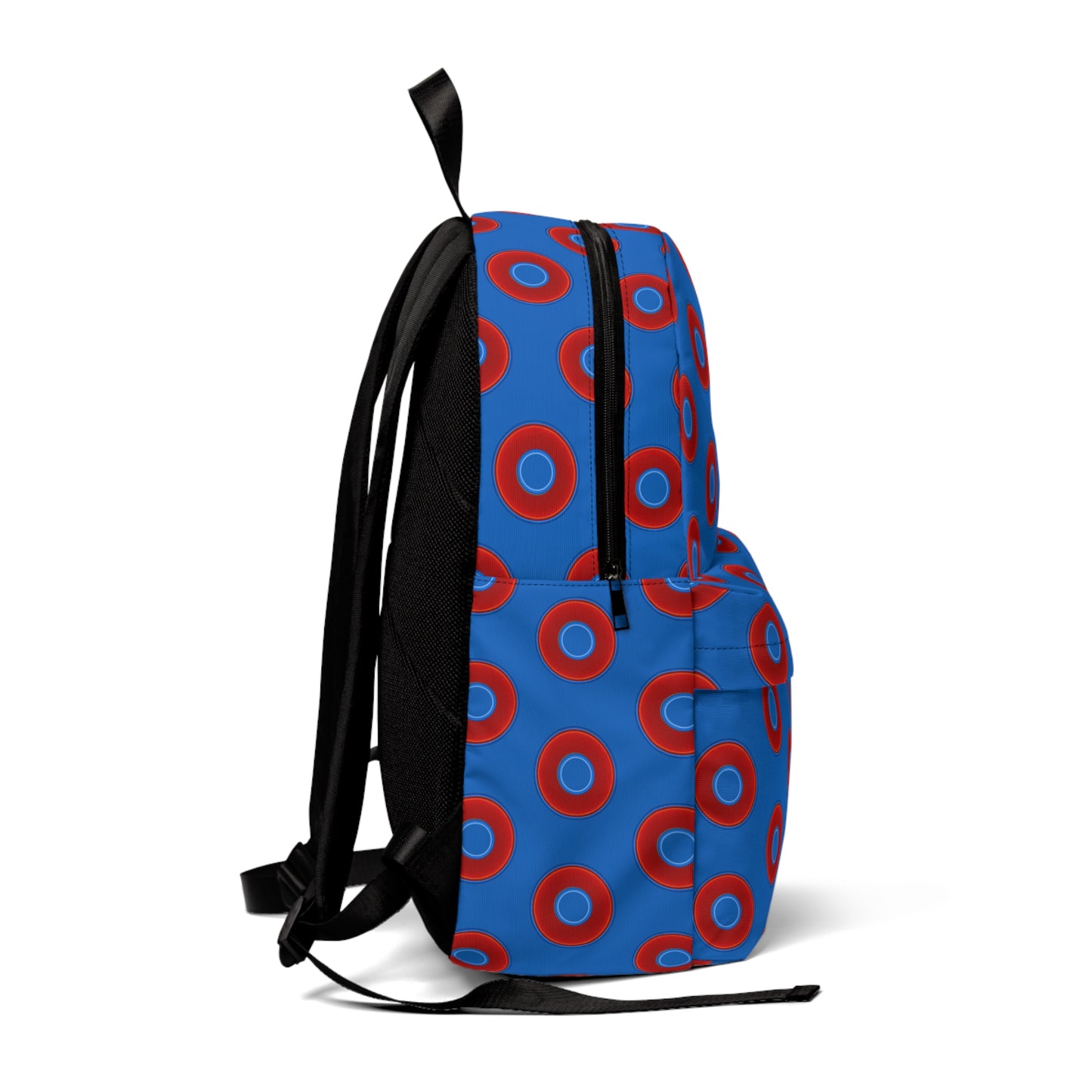 Donut Backpack - red vivid donuts w/dark royal blue background