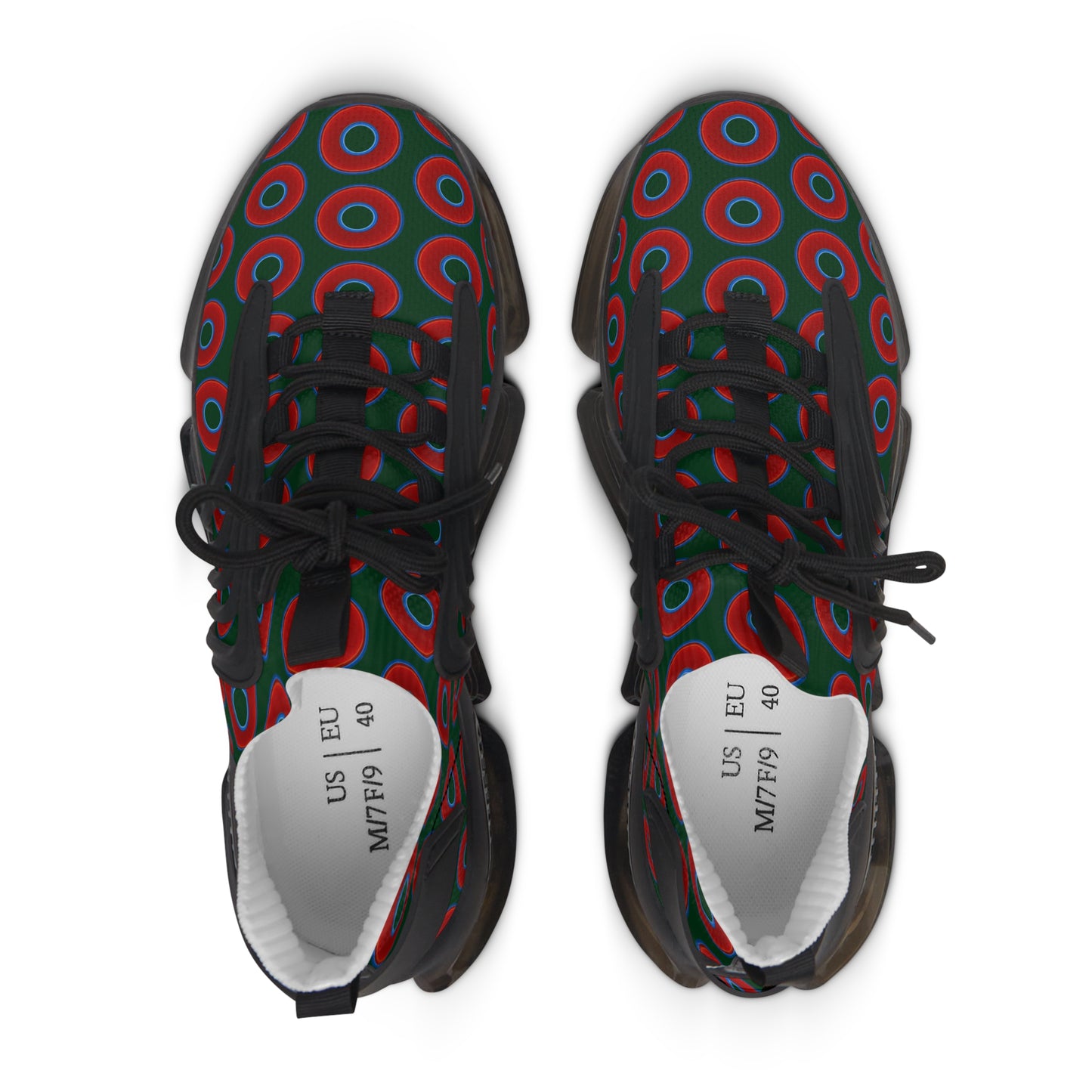 Women's Donut Kicks - red vivid donut print w/deep pond green background