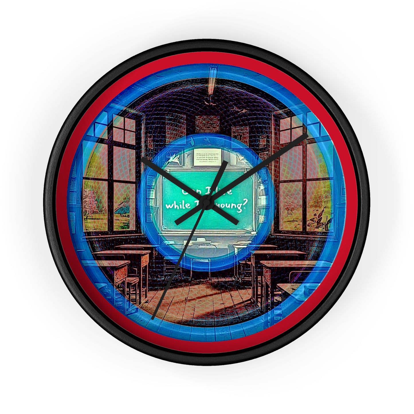Lumpy Wall Clock - "The Torturous Donut Clock" - rustic blue/red pic donut w/dark red background