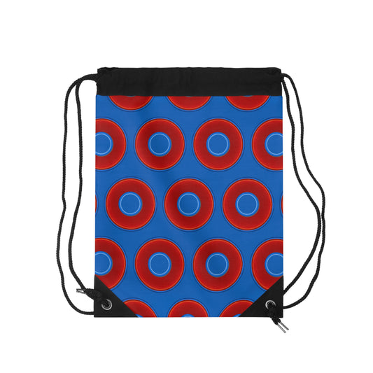 Lumpy Donut Drawstring Bag - red vivid donuts print w/dark royal blue background