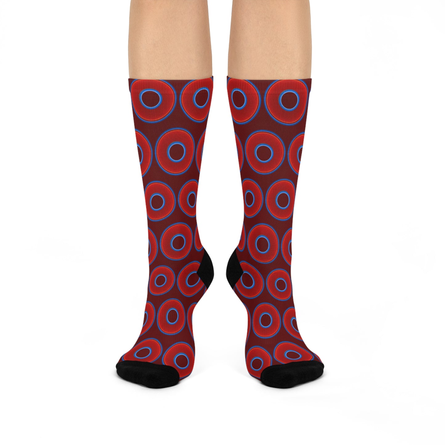 Lumpy Sox - cushioned crew - vivid red donut print w/dark red background