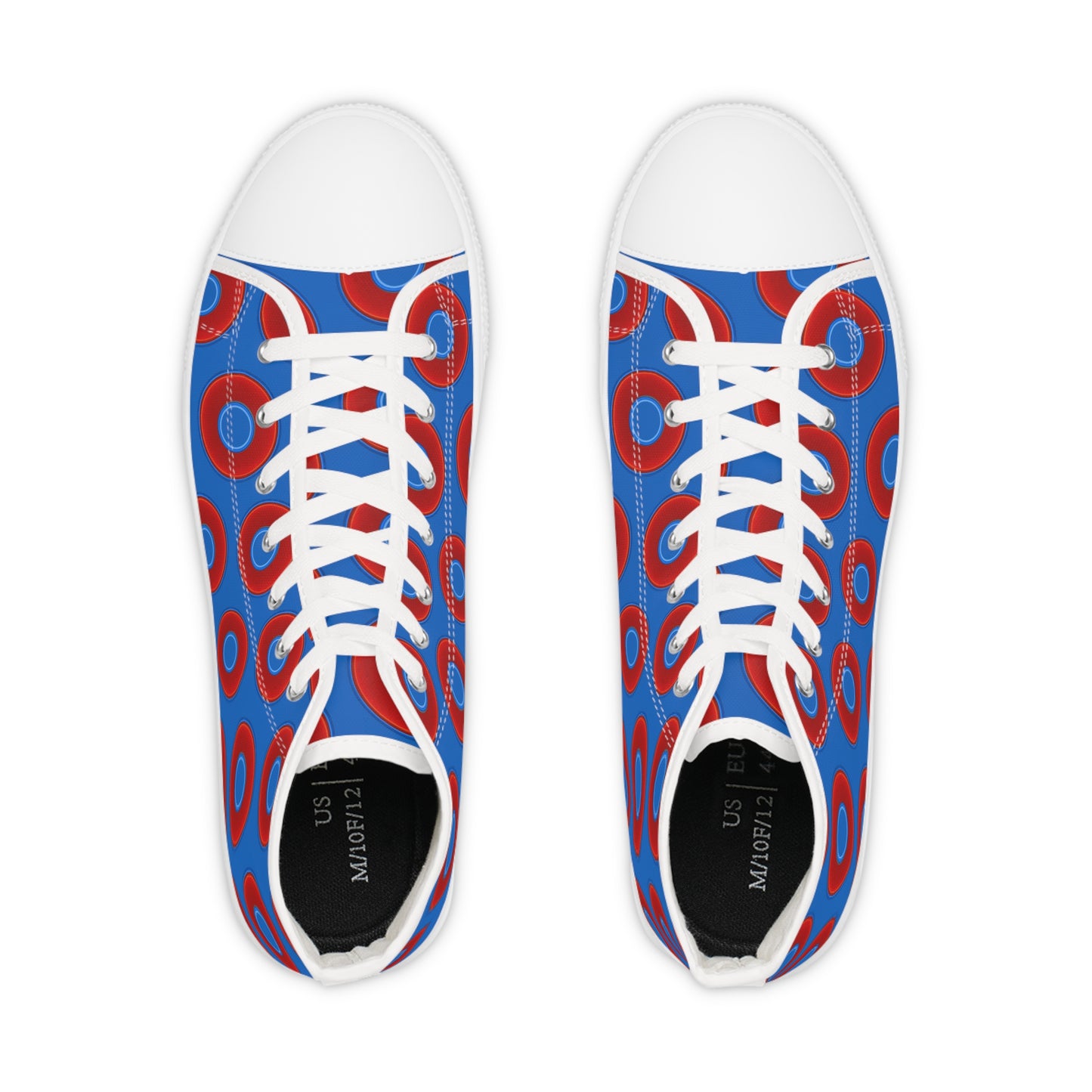 Men's High Top Chucks - large vivid red donut print w/dark royal blue background