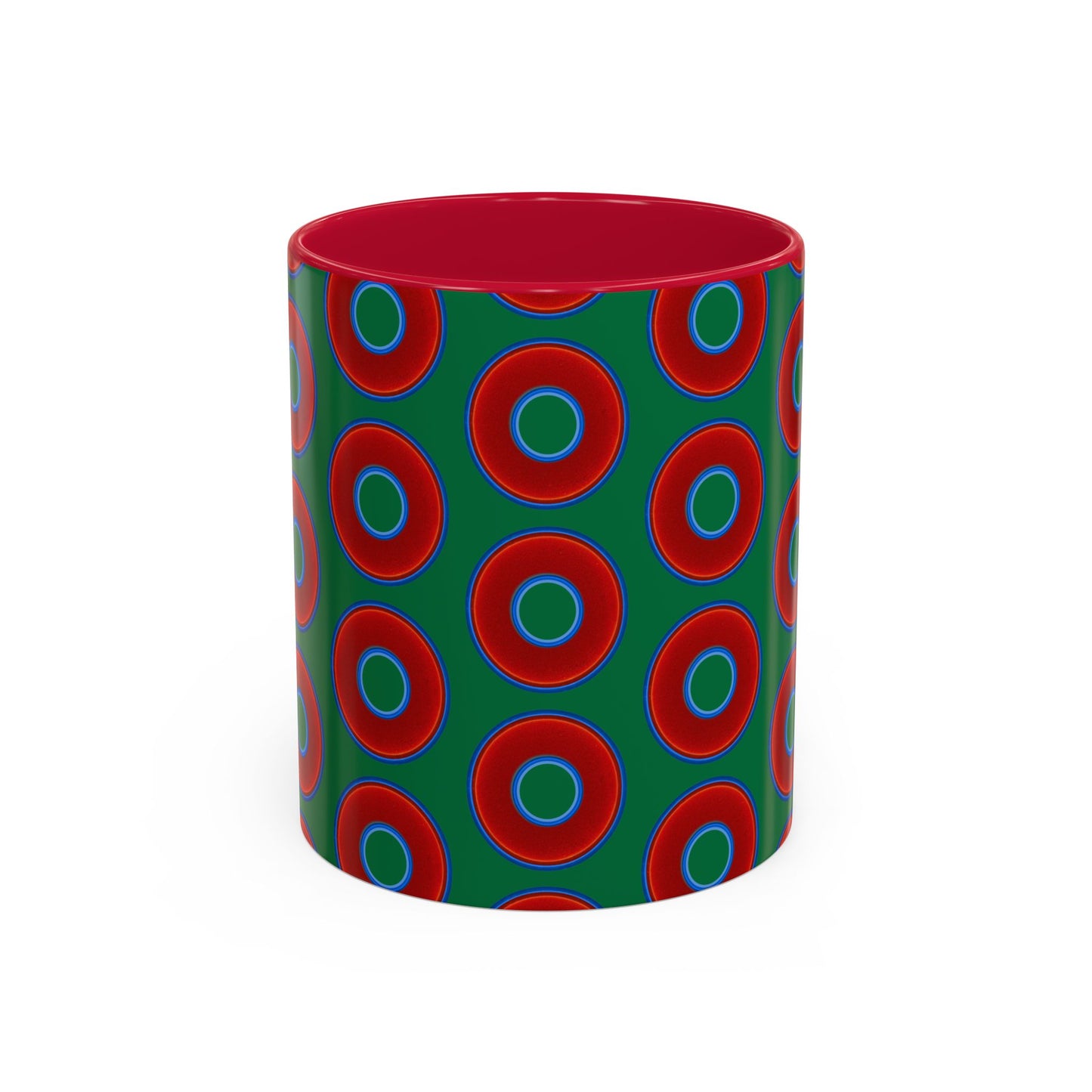 Lump's Grumpy Coffee Mug - vivid red donuts w/green background