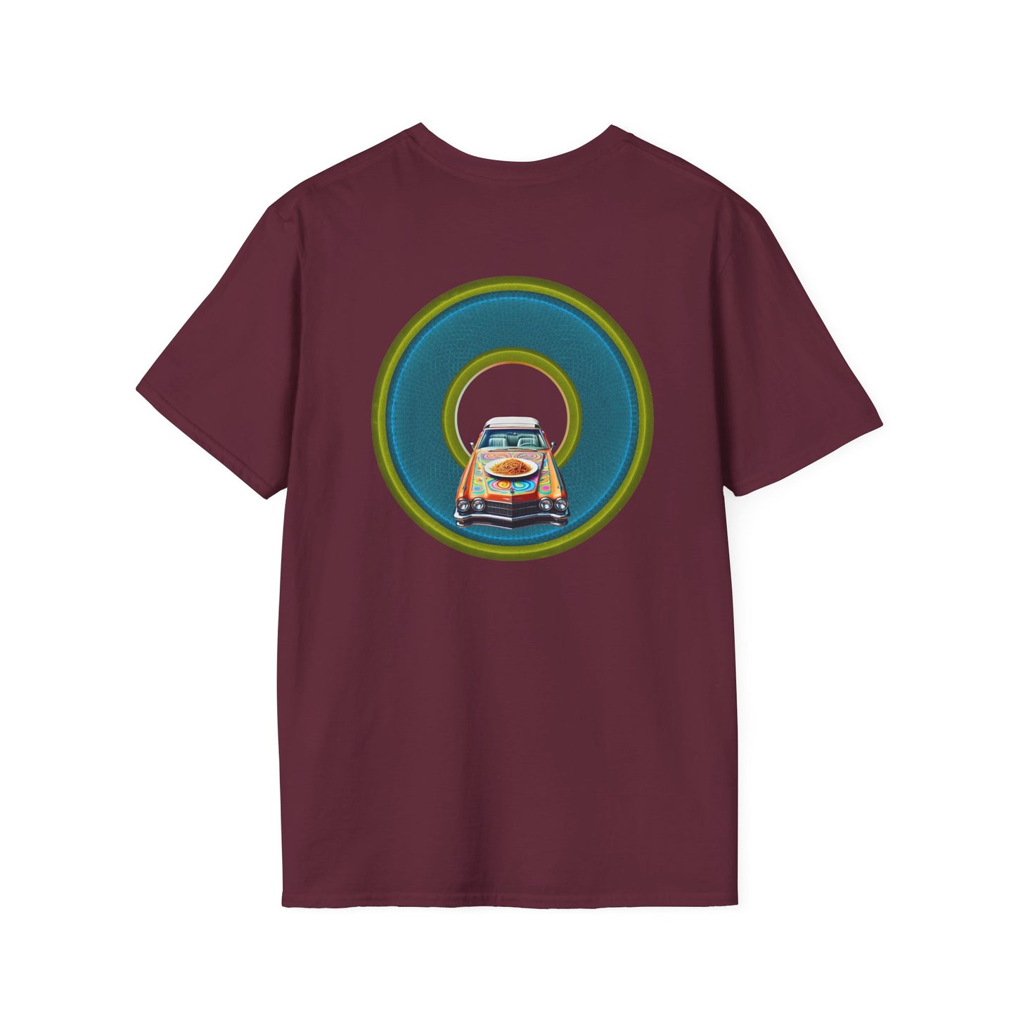 Classic Donut Tee - Unisex Soft-Style - "Cadillac Rainbow Spaghetti Incident" - series 1.0  - variant 1 - blue/green donut