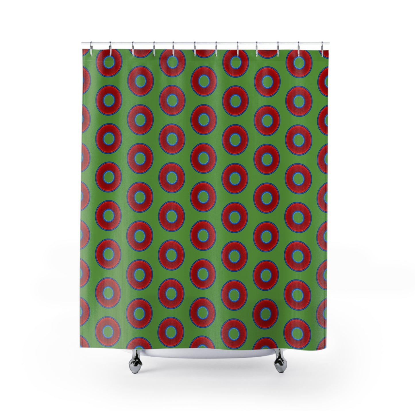 The Curtain With "Donuts" - Lumpy Bath Time Fun - vivid red donuts w/light green background