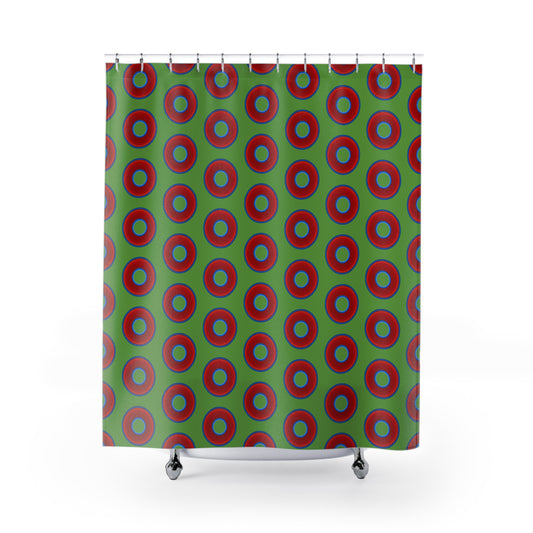 The Curtain With "Donuts" - Lumpy Bath Time Fun - vivid red donuts w/light green background