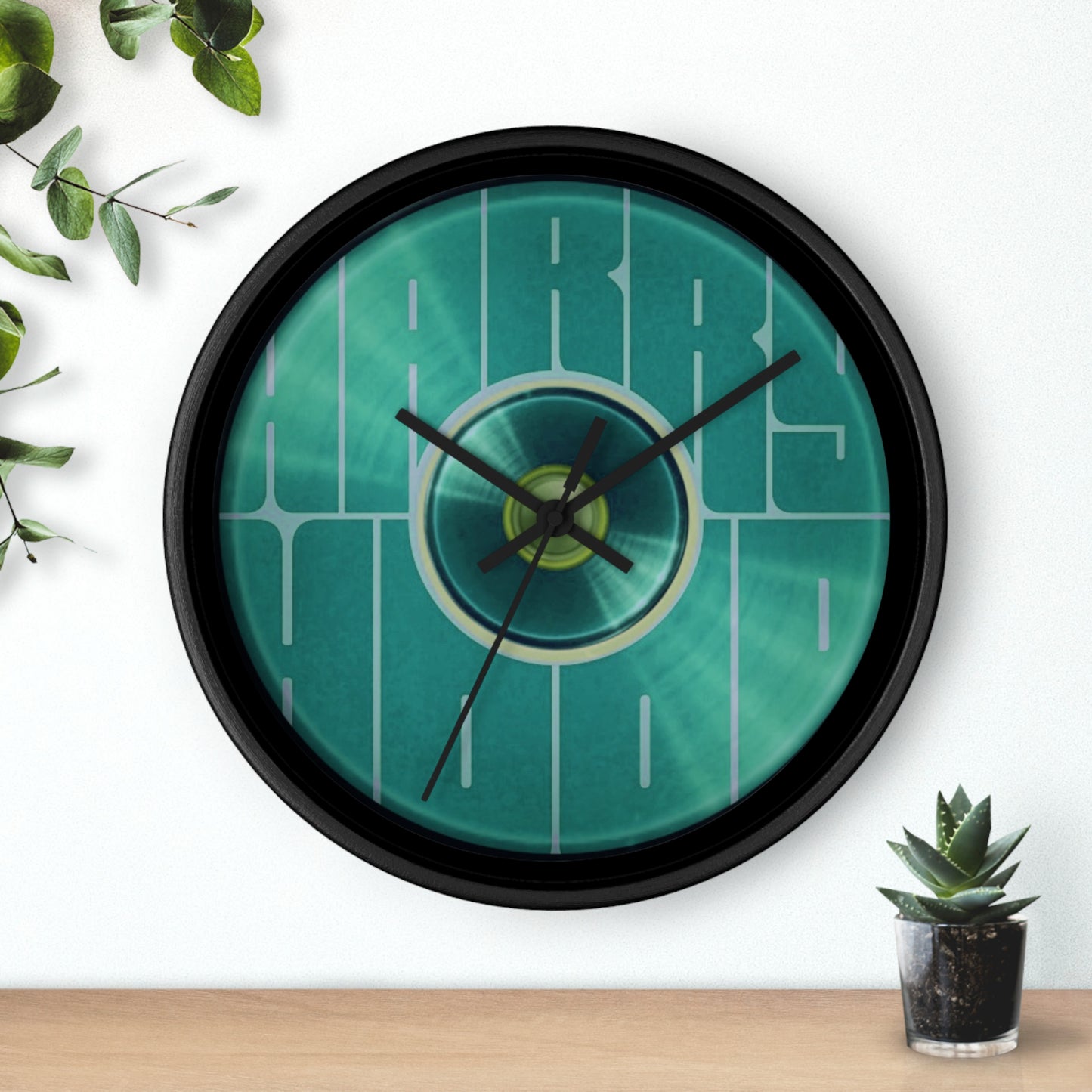 Lumpy Wall Clock - "Harry Hoodlum Donut Clock" - variant 3 - green vivid/word donut w/black background