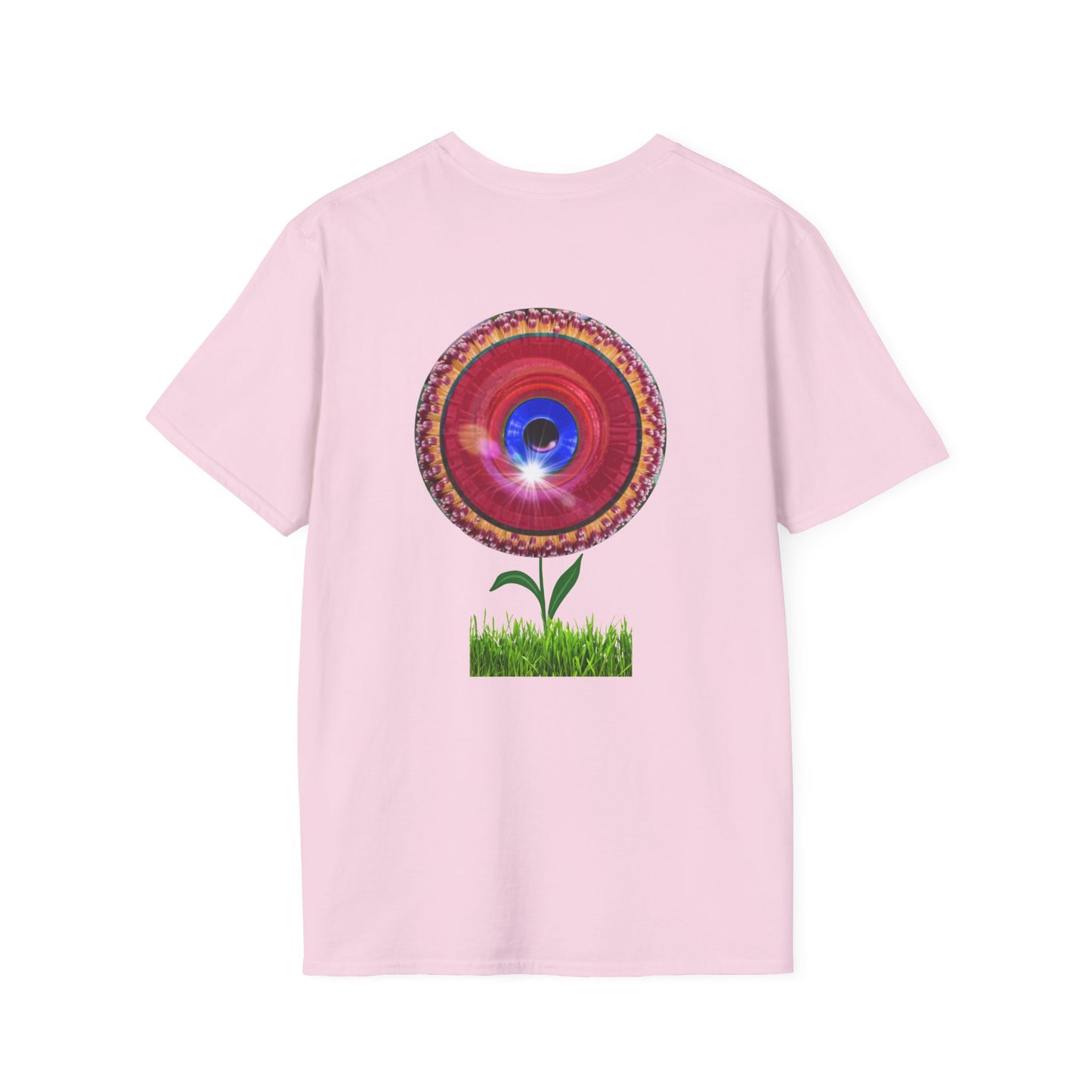 Classic Donut Tee - Unisex Soft-Style - "Smell the Donuts Outside on my Lawn"  " variant 1 - blue donut on red donut/flower