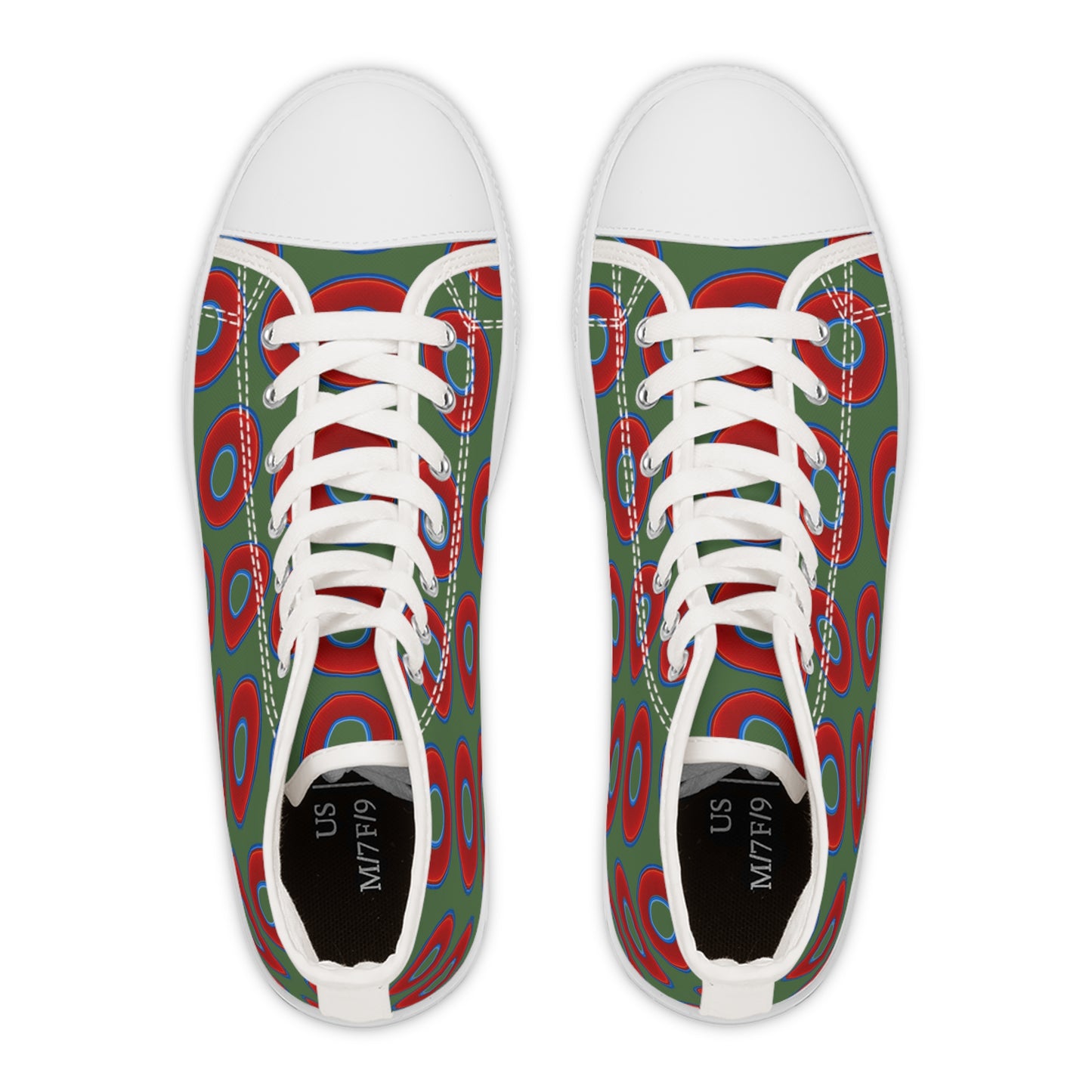 Women's High Top Chuck Taylors - large vivid red donut print w/dark green background