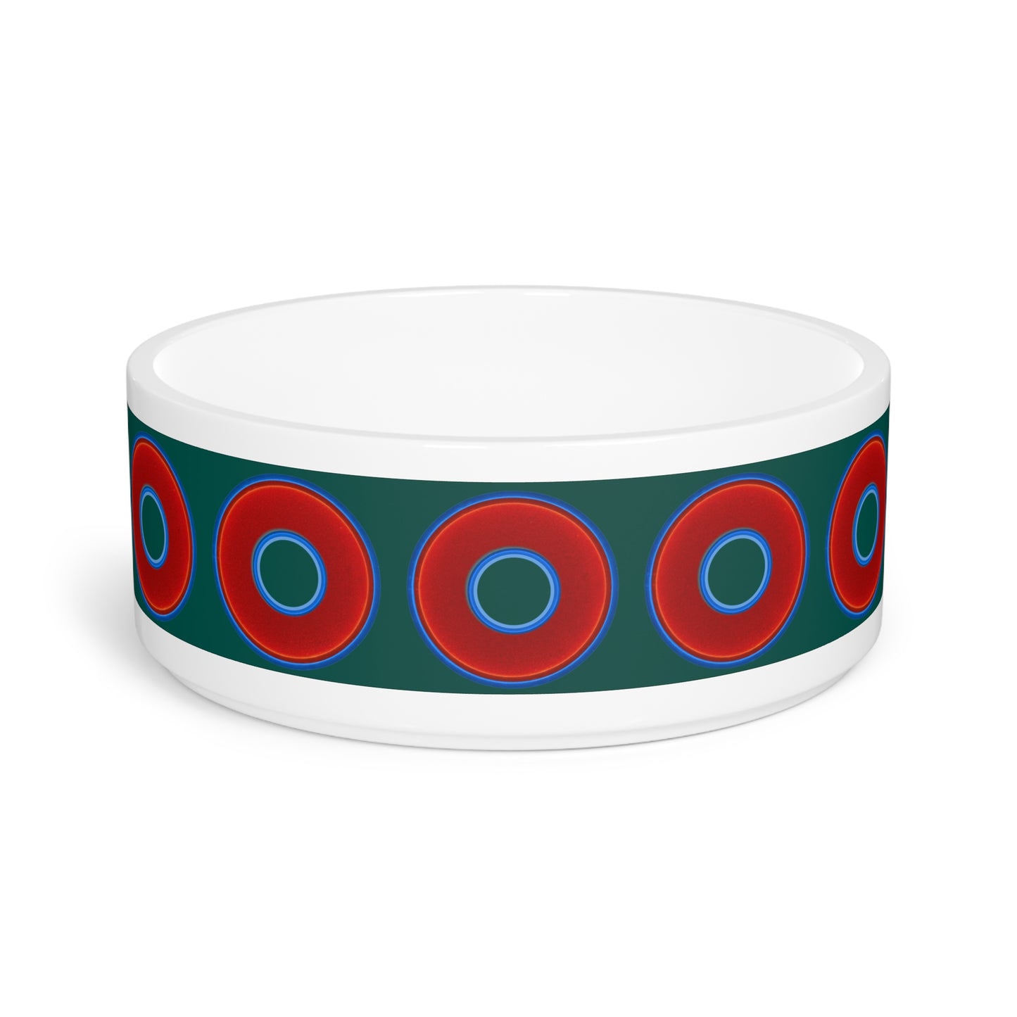 16 oz Lumpy Pet Bowl - vivid red donuts w/dark Fenway green background