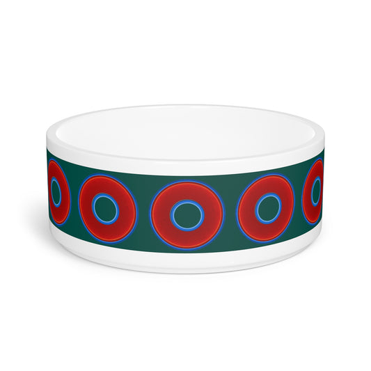 16 oz Lumpy Pet Bowl - vivid red donuts w/dark Fenway green background