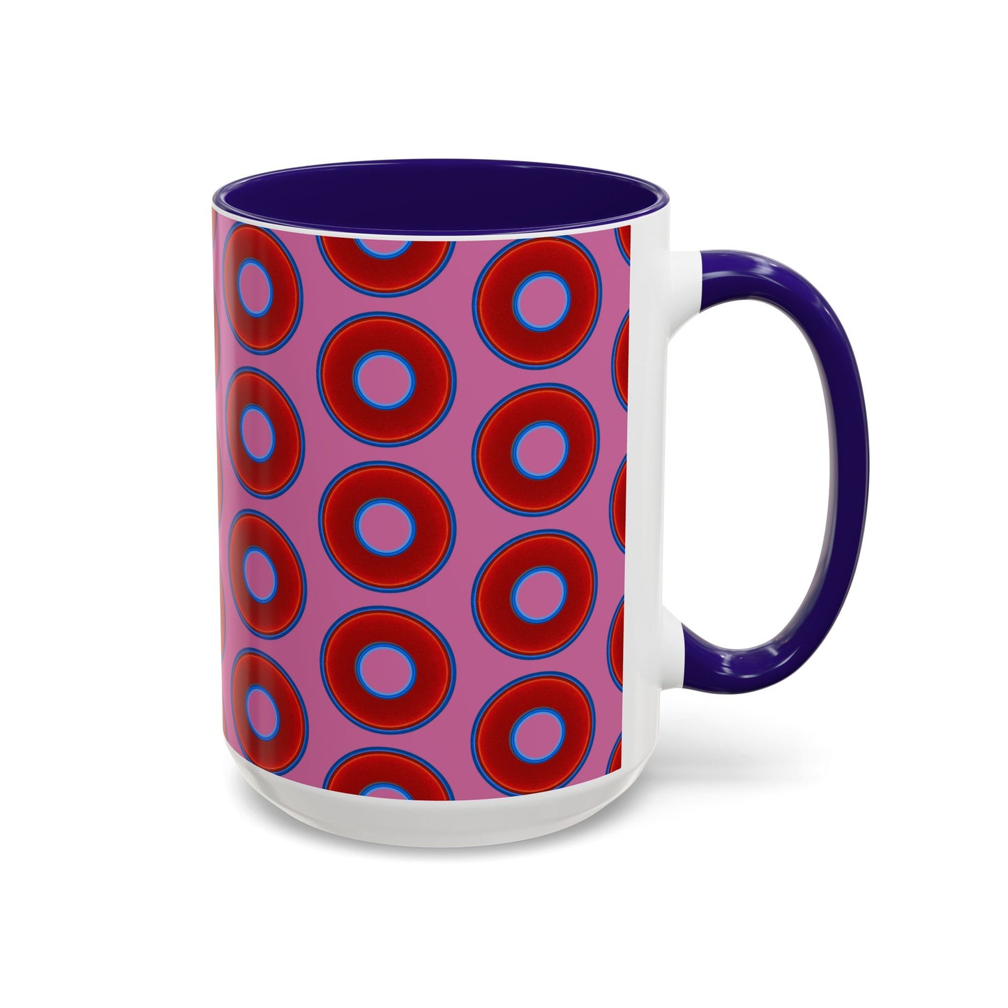 Lump's Grumpy Coffee Mug - vivid red donuts w/pink background