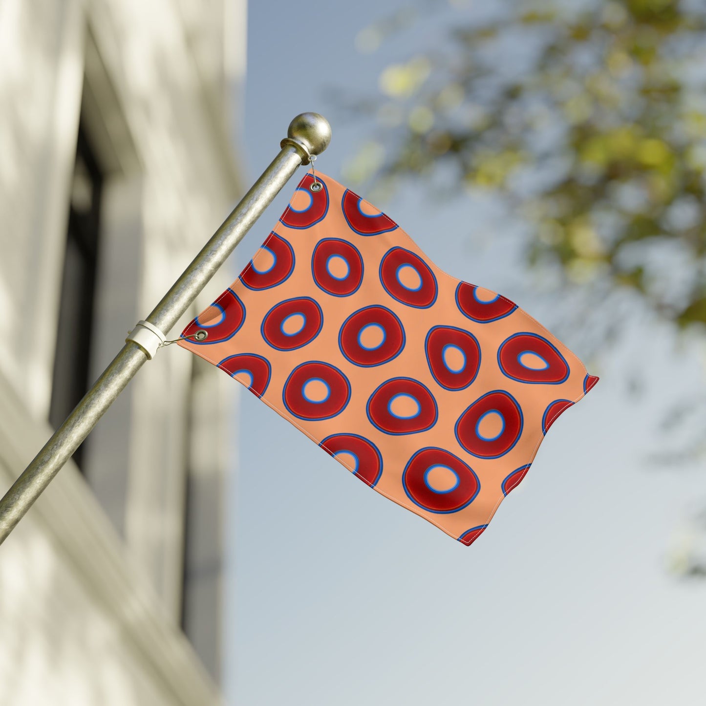 Lumpy Flagpole Sitters - Donut Flags [12" x 18"] - red vivid donut print w/peach background