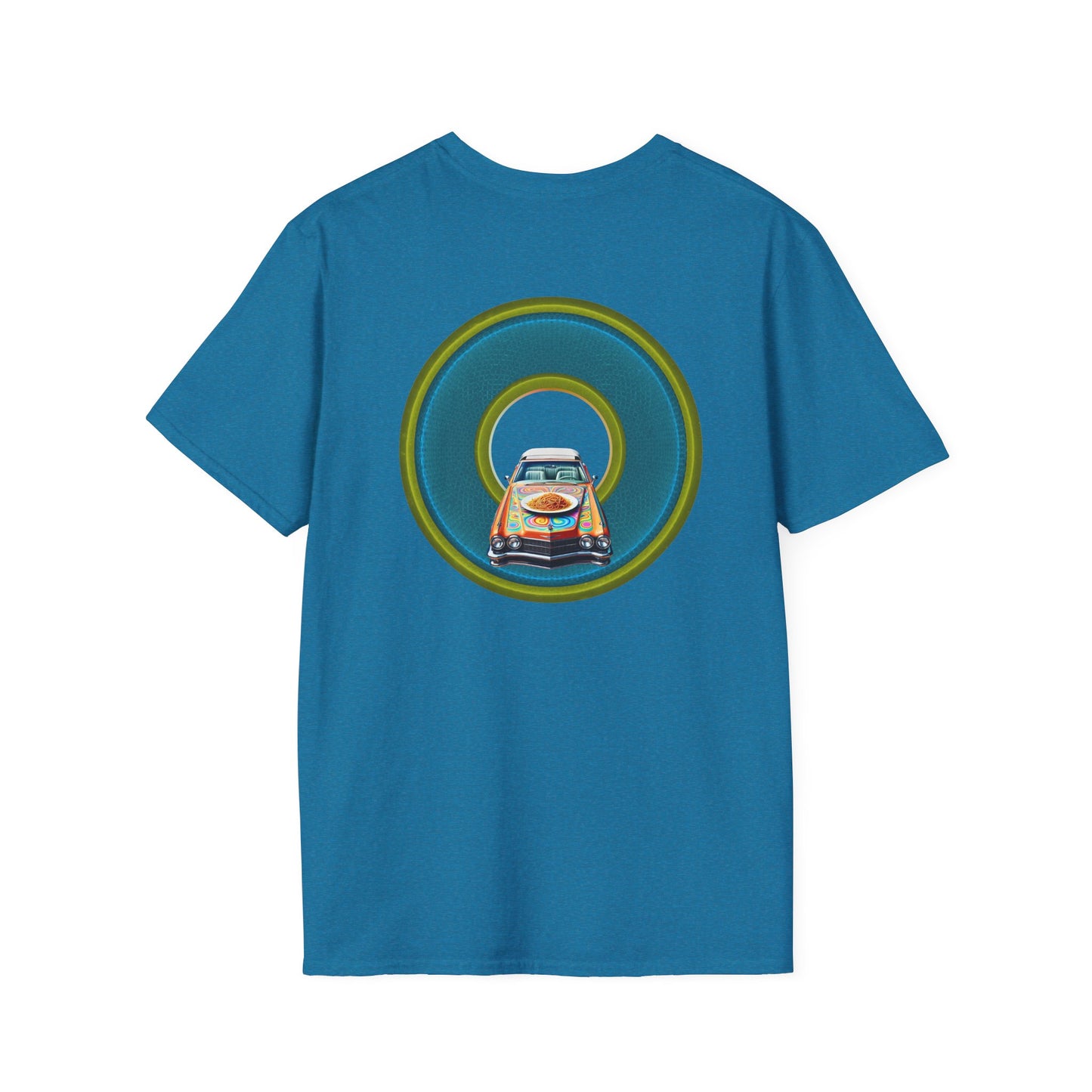 Classic Donut Tee - Unisex Soft-Style - "Cadillac Rainbow Spaghetti Incident" - series 1.0  - variant 1 - blue/green donut