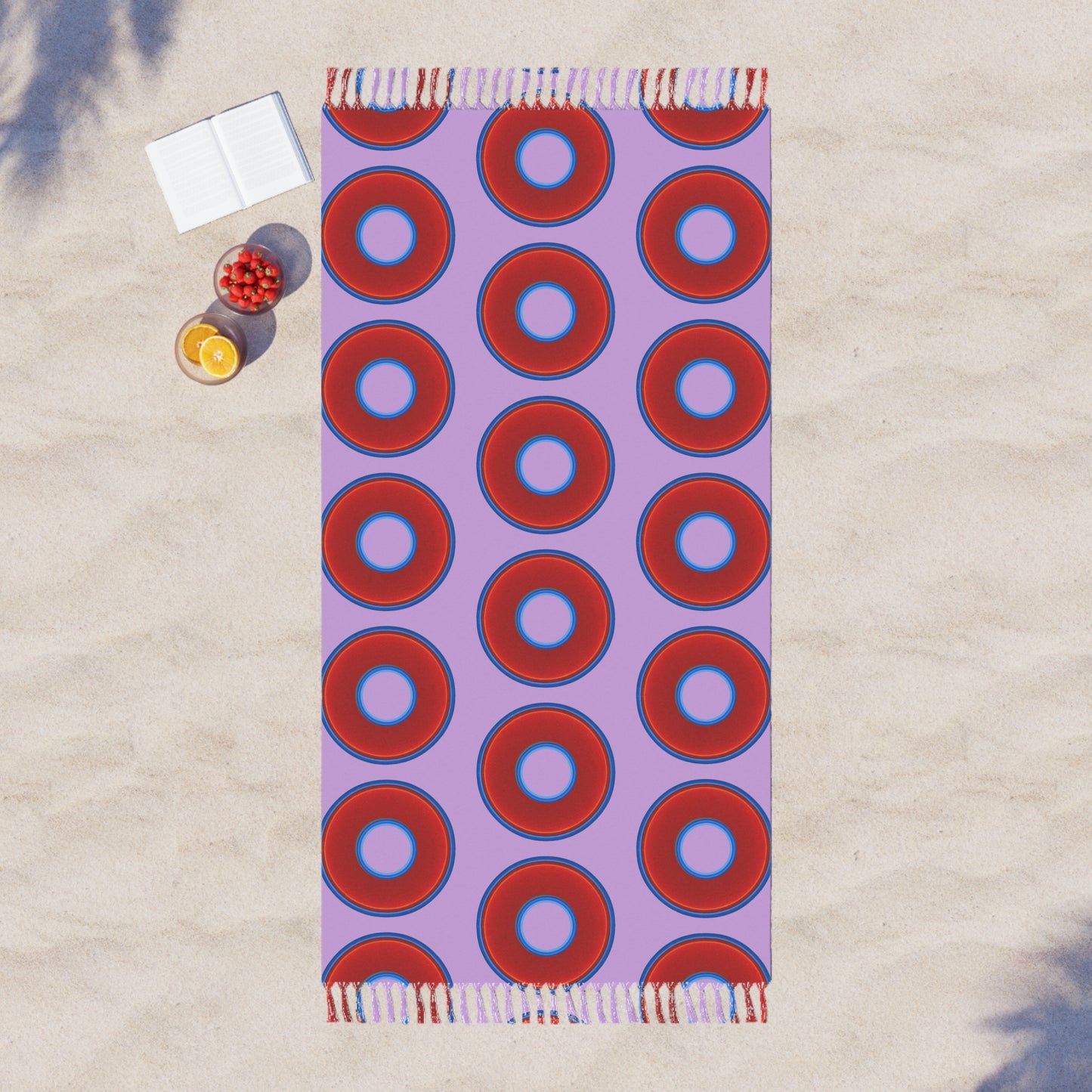 Oversized Lumpy Beach Towel - vivid red donuts w/wisteria purple background