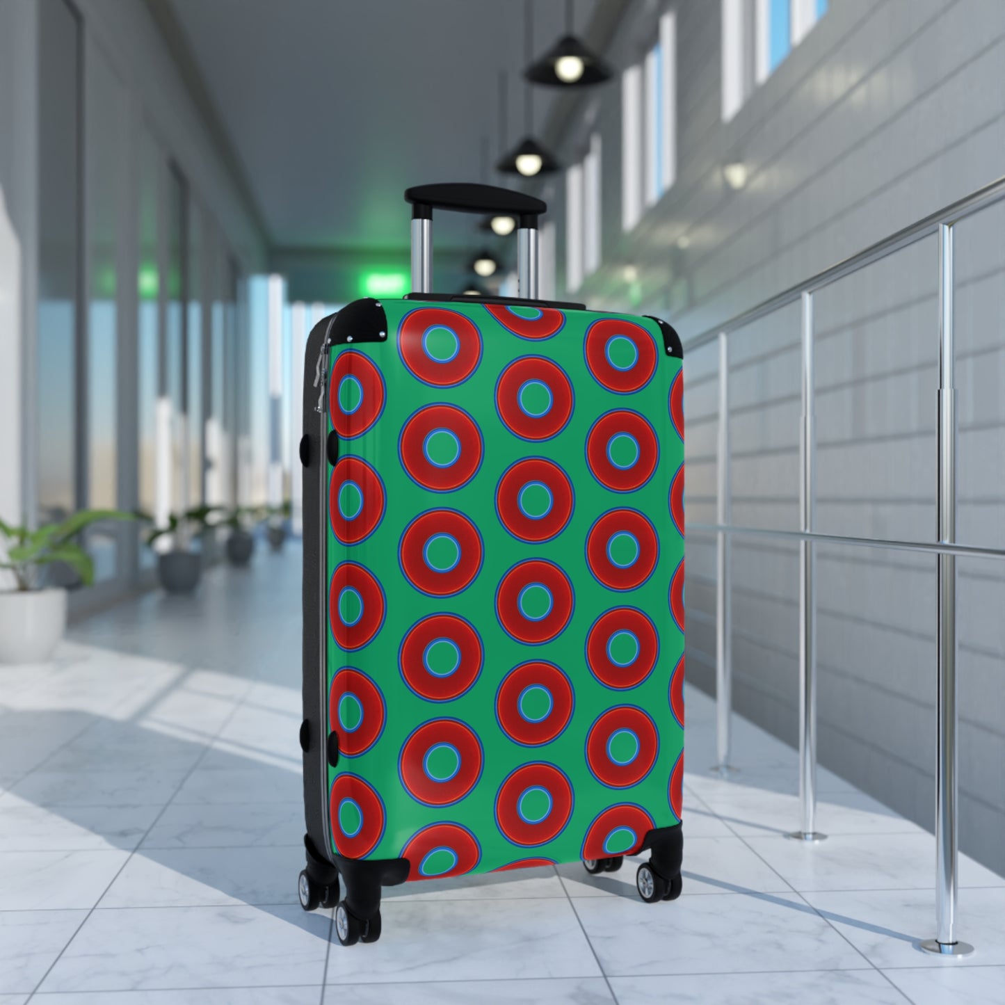 The Very Lumpy Donut Suitcase series - your choice of S, M or L - vivid red donut print w/jade green background