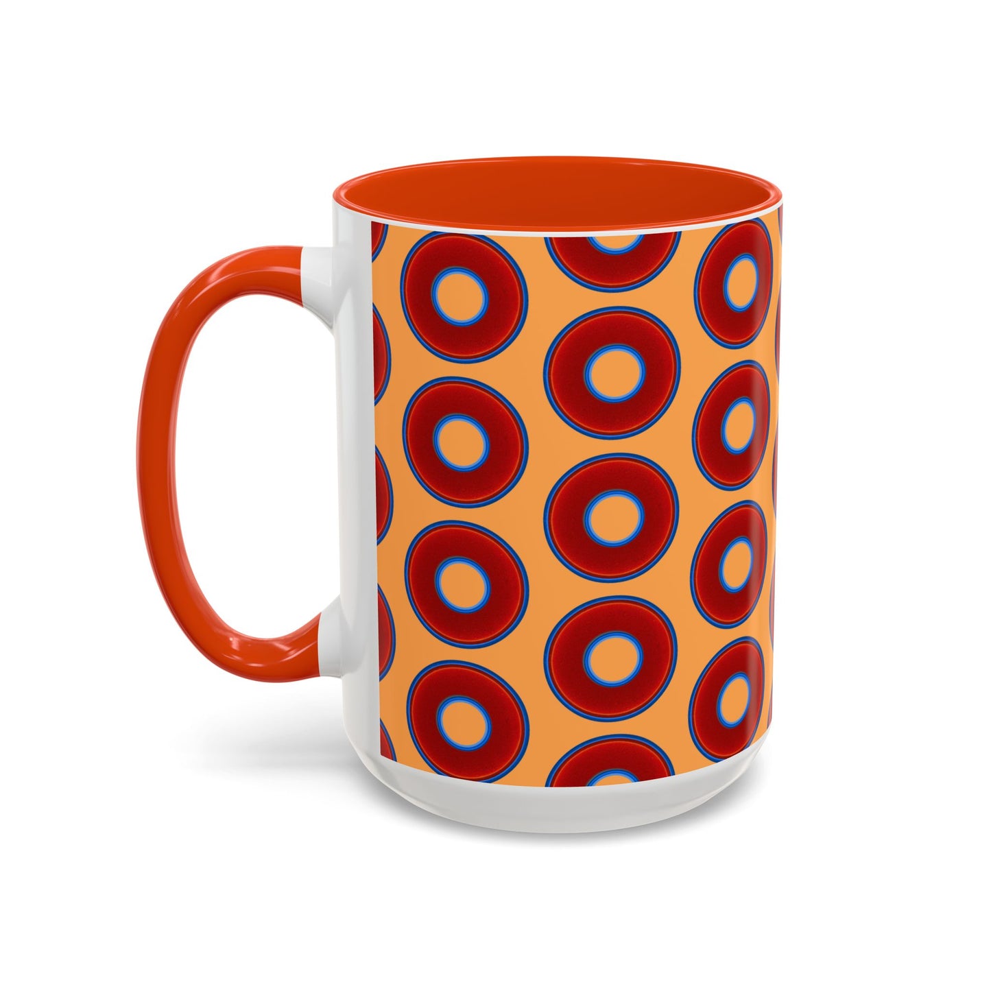 Lump's Grumpy Coffee Mug - vivid red donuts w/creamsicle orange background