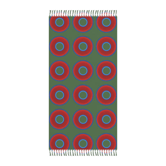 Oversized Lumpy Beach Towel - vivid red donuts w/dark green background