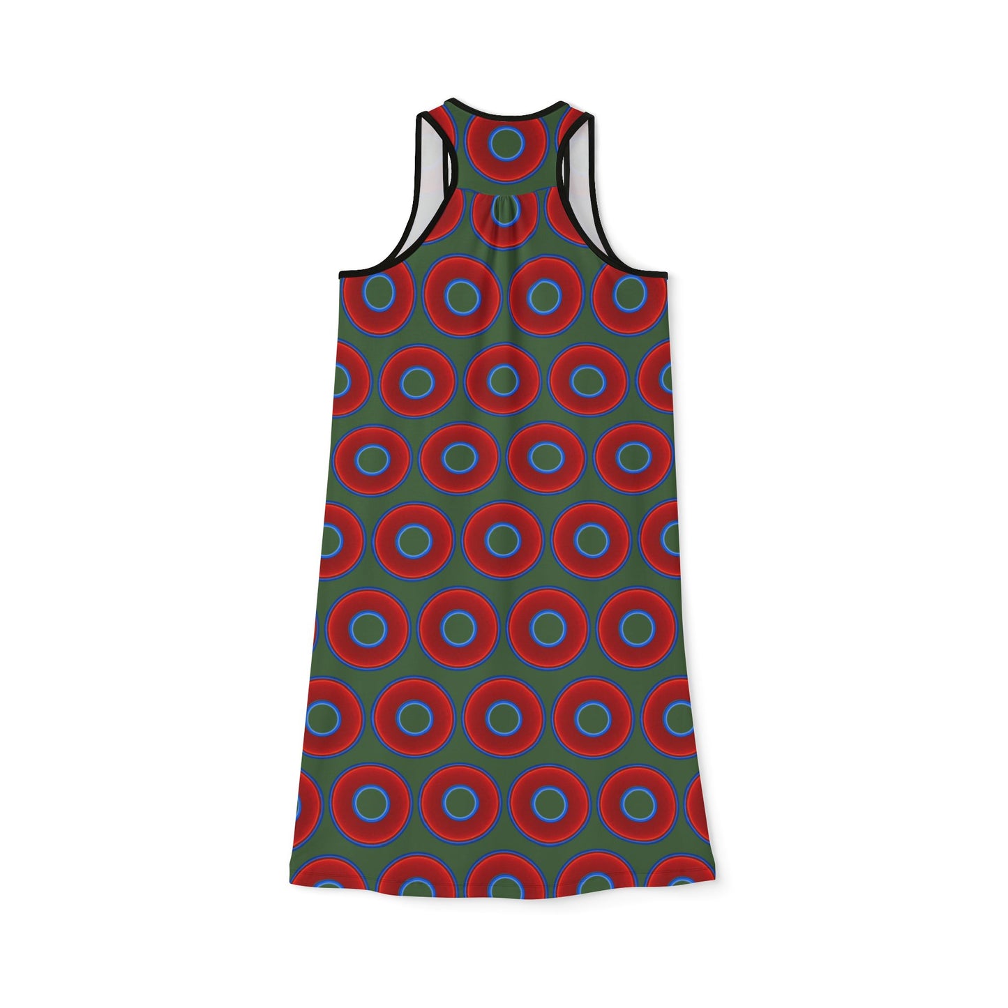 Tela's Lumpy Racerback Donut Dress - red vivid donut print w/dark green background