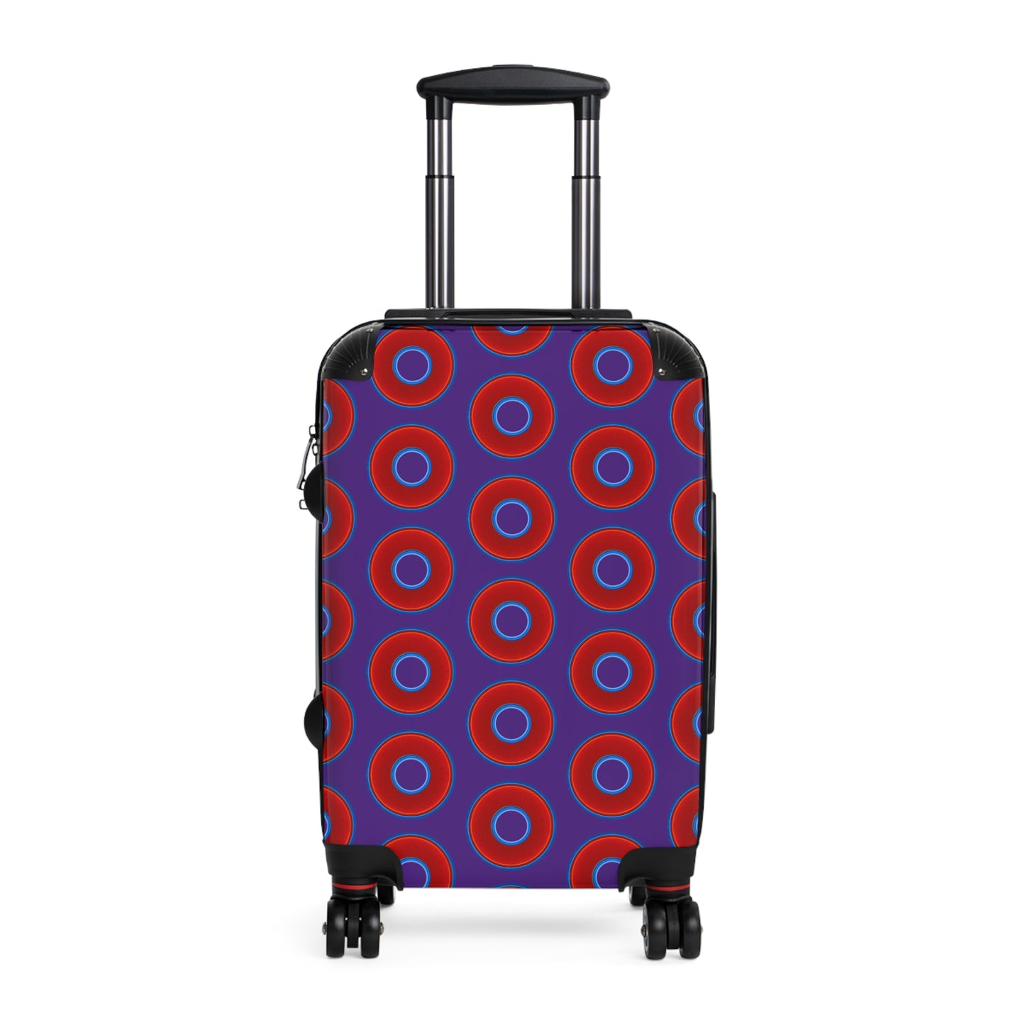 The Very Lumpy Donut Suitcase series - your choice of S, M or L - vivid red donut print w/dark purple background