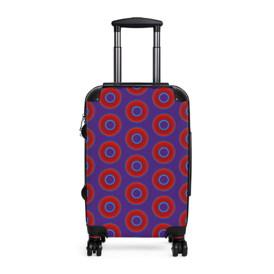 The Very Lumpy Donut Suitcase series - your choice of S, M or L - vivid red donut print w/dark purple background