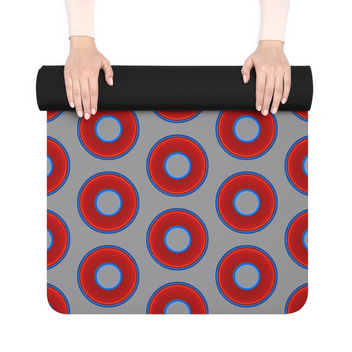 Lumpy Donut Yoga Mat :) - 24″ x 70" - vivid red donut print w/gray background
