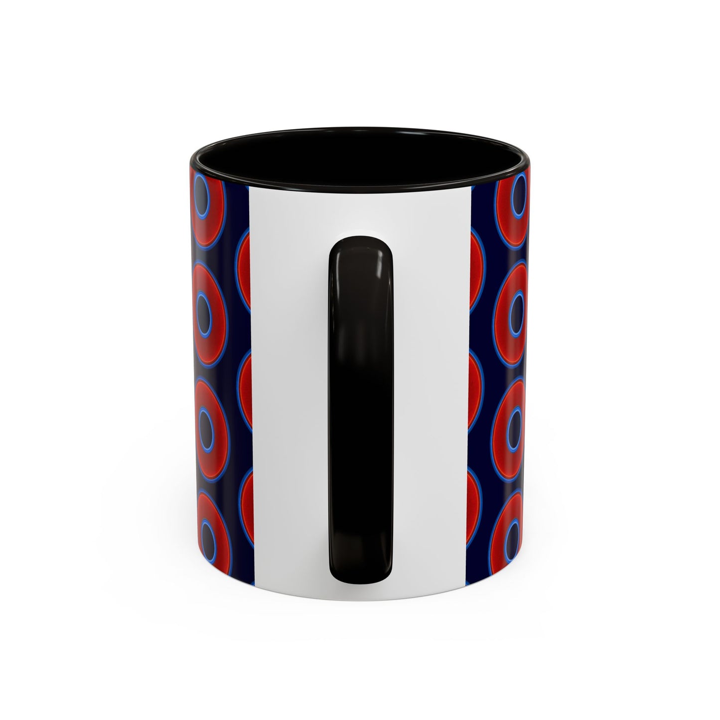 Lump's Grumpy Coffee Mug - vivid red donuts w/midnight blue background